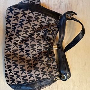 Michael Kors Black Logo Canvas Shoulder Bag with Tan Background